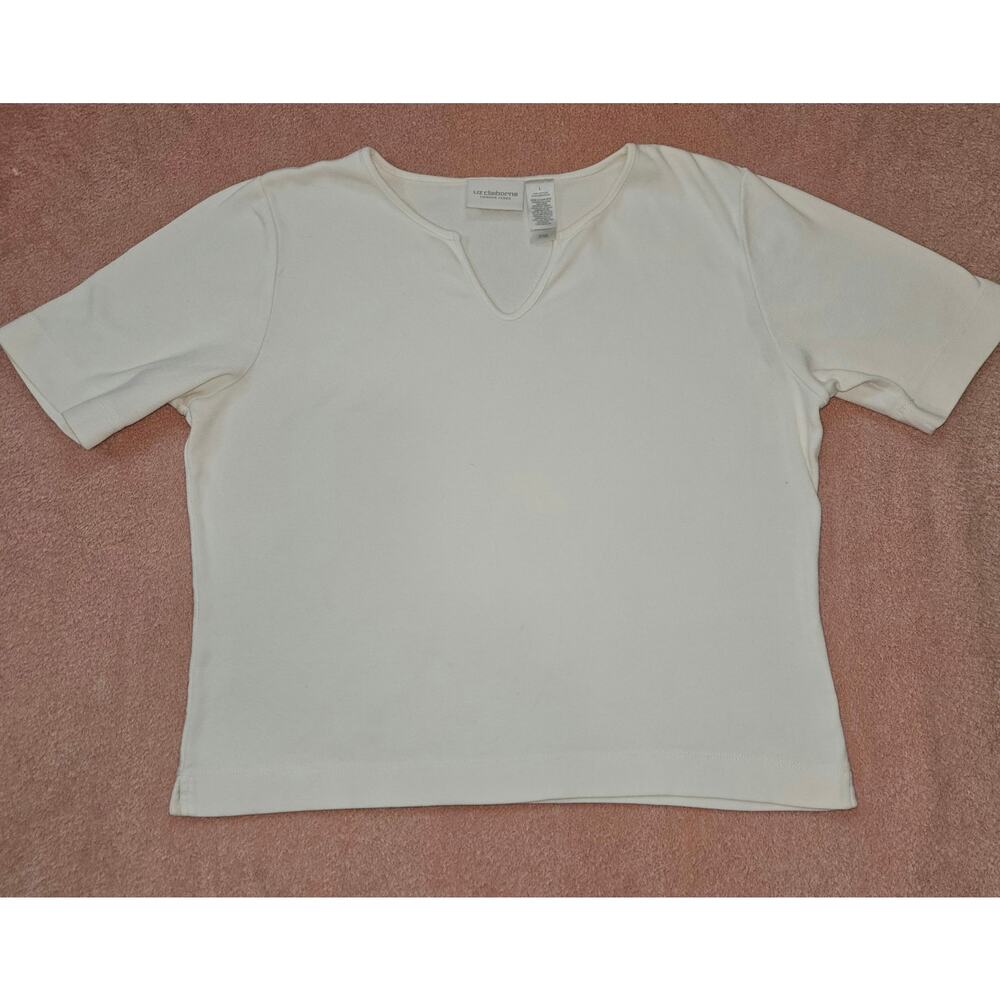 Vintage Liz Claiborne Lizwear Jeans White Notch Neck T-Shirt Size Large